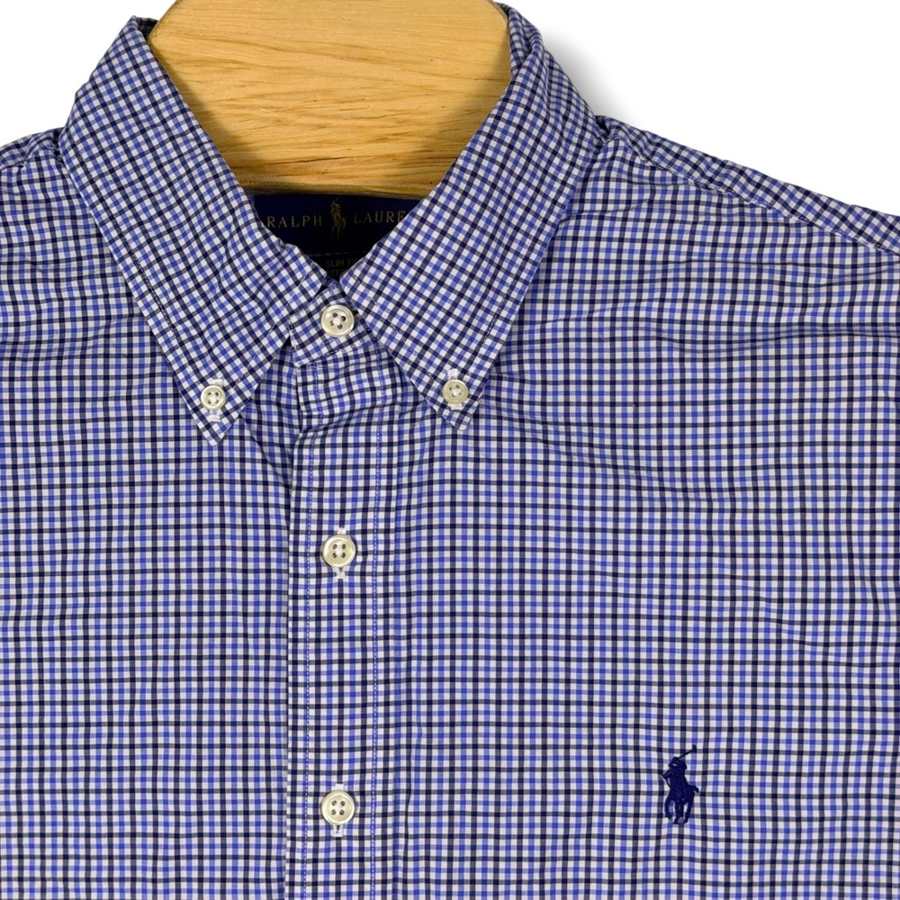 Ralph Lauren Button Down Men L Blue Gingham Slim Fit Cotton Stretch Shirt Preppy